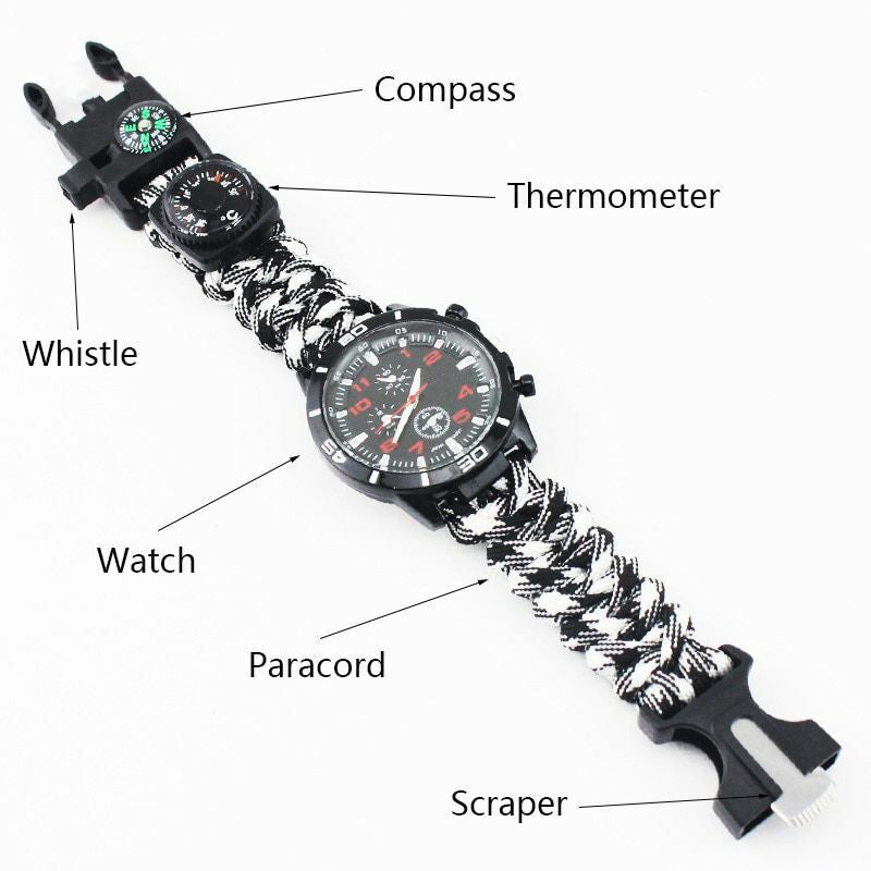 RUGGED TRAILBLAZER EDC Survival Watch — Outdoor Emergency Gear Bracelet with Compass & Fire Starter