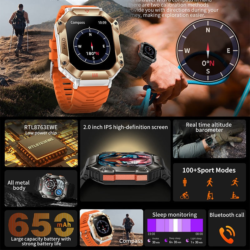 RUGGED TITAN Tactical Smartwatch — Military Style Outdoor Fitness Watch with 620mAh Battery