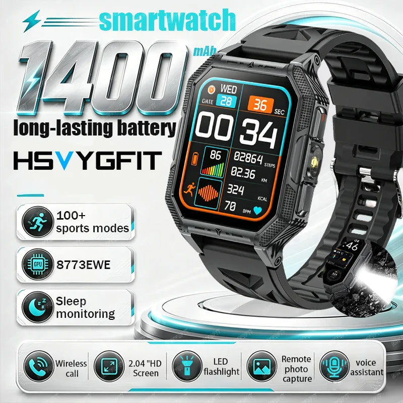 RUGGED COMMANDER X Smartwatch — 1400mAh Military Outdoor Fitness Watch with LED Flashlight & Bluetooth Calling