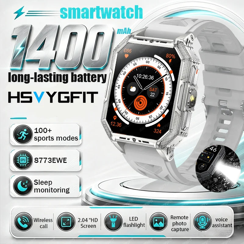 RUGGED COMMANDER X Smartwatch — 1400mAh Military Outdoor Fitness Watch with LED Flashlight & Bluetooth Calling