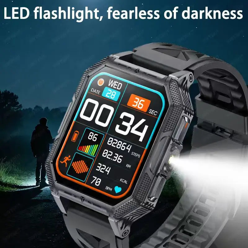RUGGED COMMANDER X Smartwatch — 1400mAh Military Outdoor Fitness Watch with LED Flashlight & Bluetooth Calling