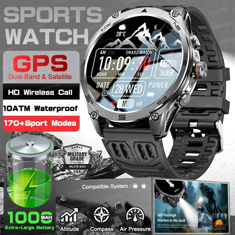 RUGGED COMMANDER Outdoor GPS Smartwatch — Military Style Adventure Watch with 1000mAh Battery & 10ATM Waterproof Protection