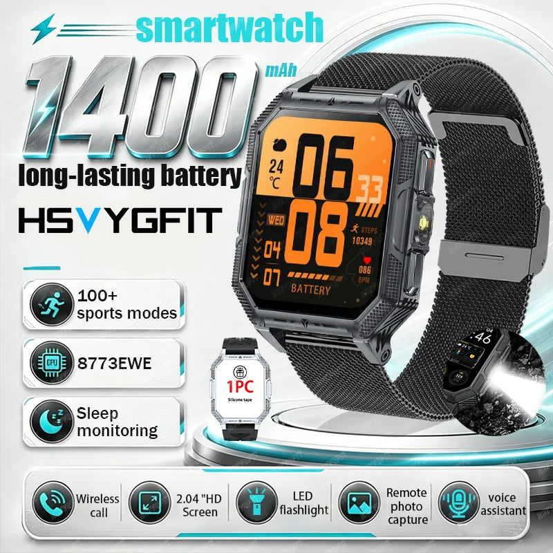 RUGGED COMMANDER X Smartwatch — 1400mAh Military Outdoor Fitness Watch with LED Flashlight & Bluetooth Calling