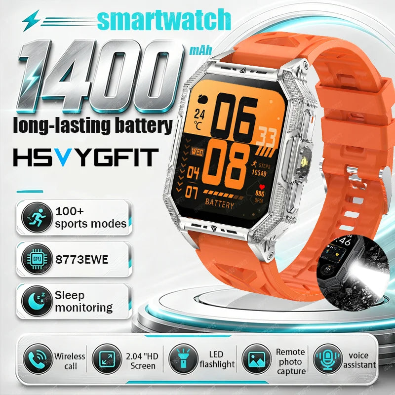 RUGGED COMMANDER X Smartwatch — 1400mAh Military Outdoor Fitness Watch with LED Flashlight & Bluetooth Calling