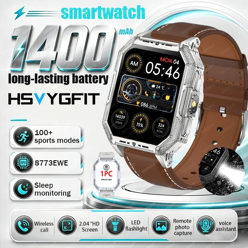 RUGGED COMMANDER X Smartwatch — 1400mAh Military Outdoor Fitness Watch with LED Flashlight & Bluetooth Calling