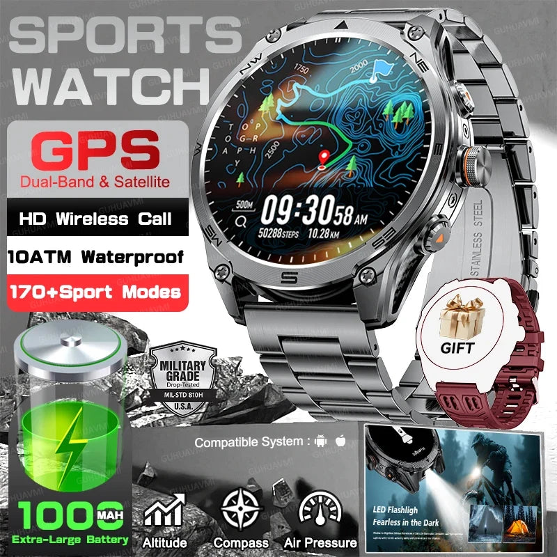 RUGGED COMMANDER Outdoor GPS Smartwatch — Military Style Adventure Watch with 1000mAh Battery & 10ATM Waterproof Protection