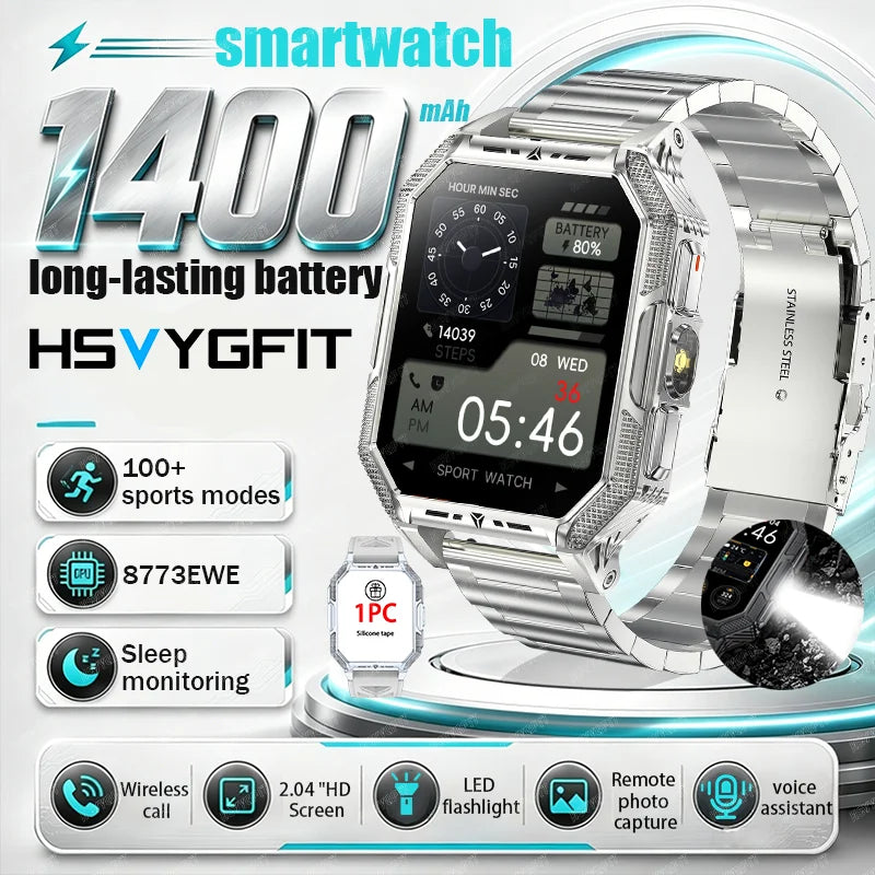 RUGGED COMMANDER X Smartwatch — 1400mAh Military Outdoor Fitness Watch with LED Flashlight & Bluetooth Calling