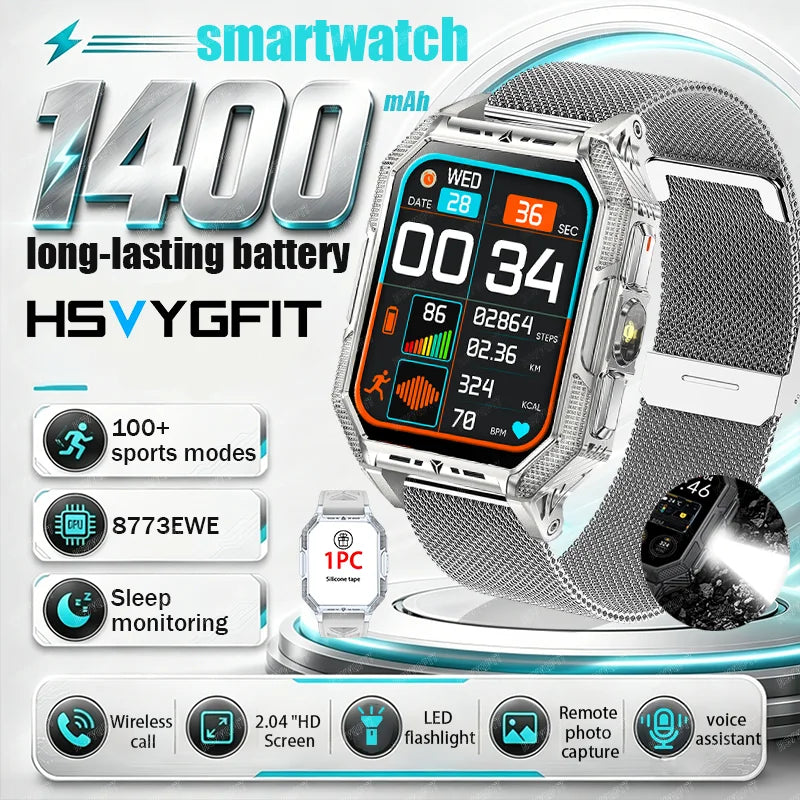 RUGGED COMMANDER X Smartwatch — 1400mAh Military Outdoor Fitness Watch with LED Flashlight & Bluetooth Calling