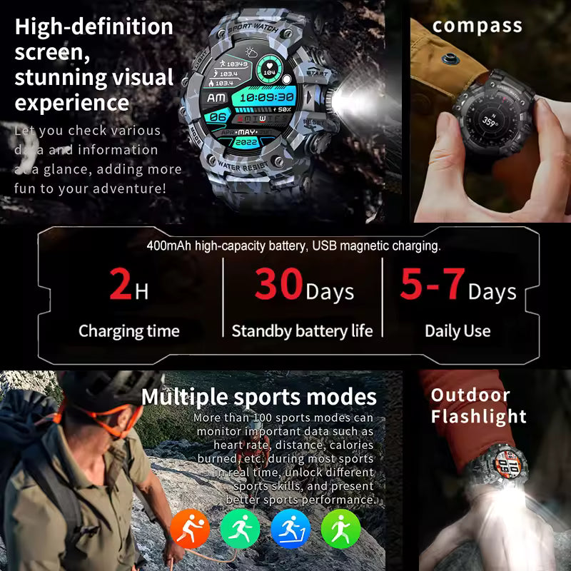 RUGGED ATTACK Tactical Waterproof Smartwatch — Outdoor Sports & Health Tracking Watch