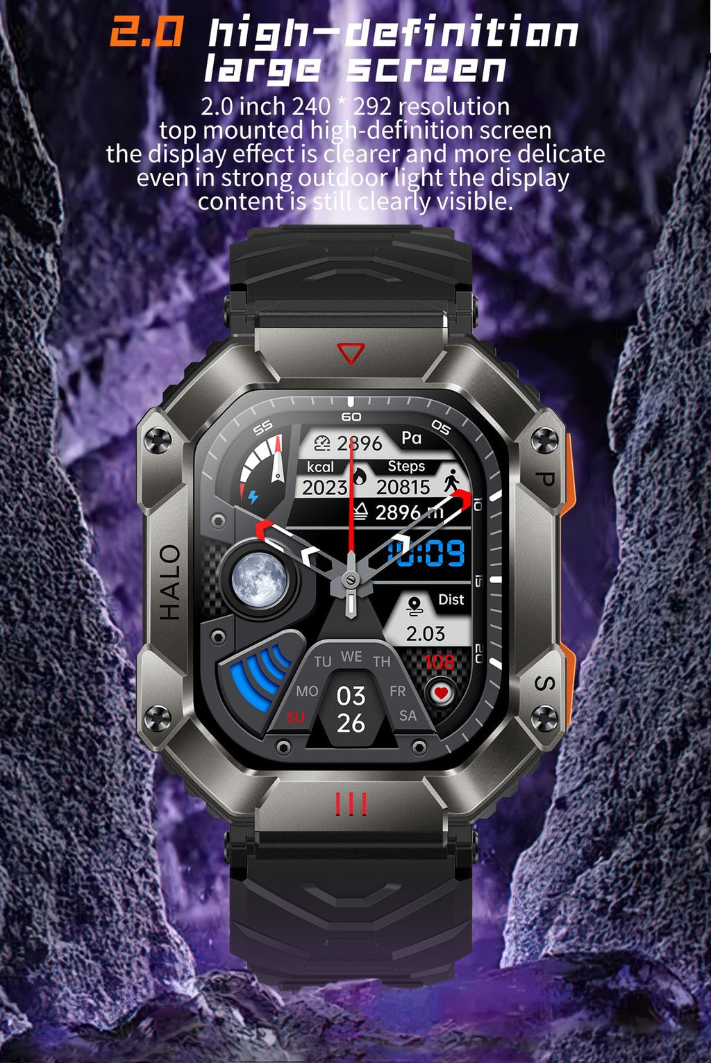 RUGGED TITAN Tactical Smartwatch — Military Style Outdoor Fitness Watch with 620mAh Battery