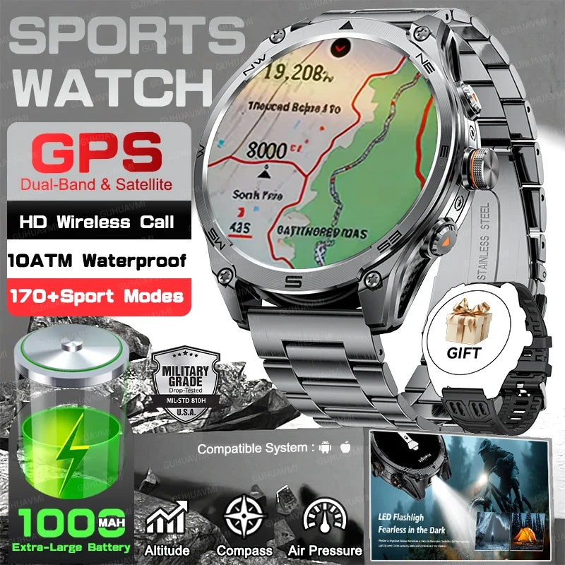 RUGGED COMMANDER Outdoor GPS Smartwatch — Military Style Adventure Watch with 1000mAh Battery & 10ATM Waterproof Protection