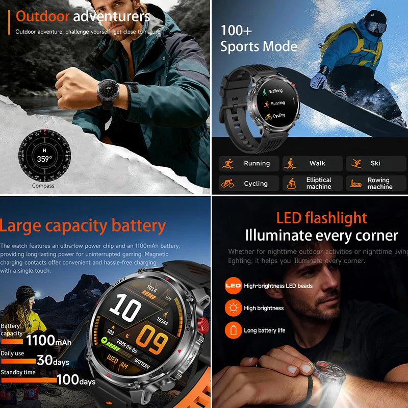 RUGGED HT45 Smartwatch — Waterproof Bluetooth Calling Fitness Watch with Health Monitoring & 100+ Sports Modes