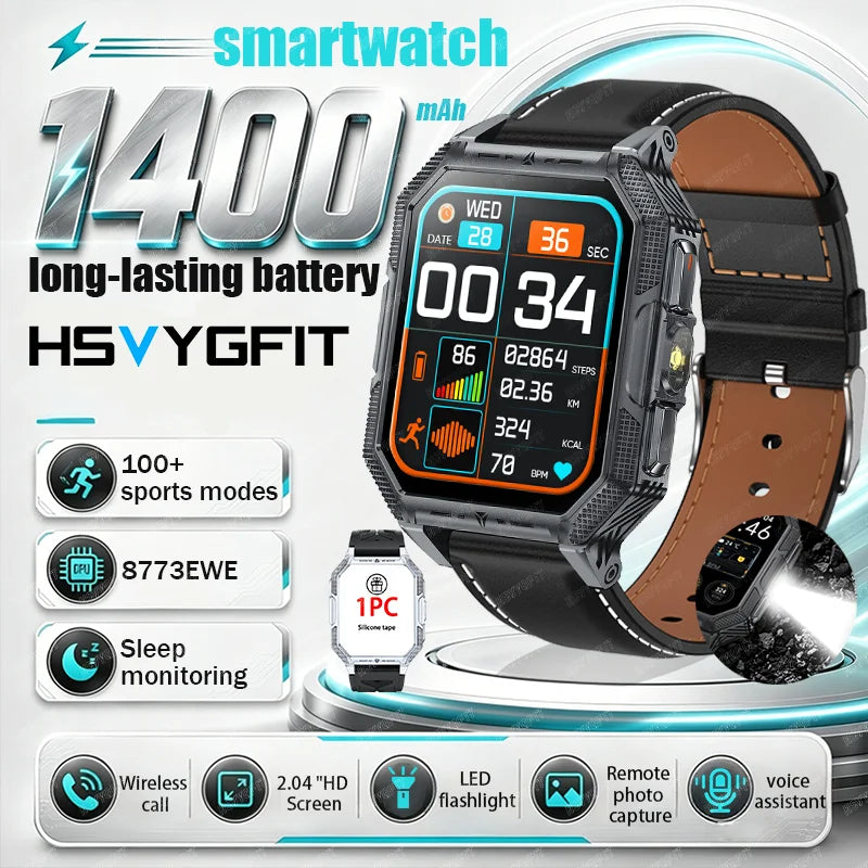 RUGGED COMMANDER X Smartwatch — 1400mAh Military Outdoor Fitness Watch with LED Flashlight & Bluetooth Calling