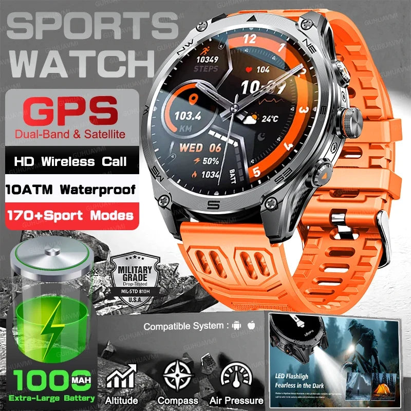 RUGGED COMMANDER Outdoor GPS Smartwatch — Military Style Adventure Watch with 1000mAh Battery & 10ATM Waterproof Protection