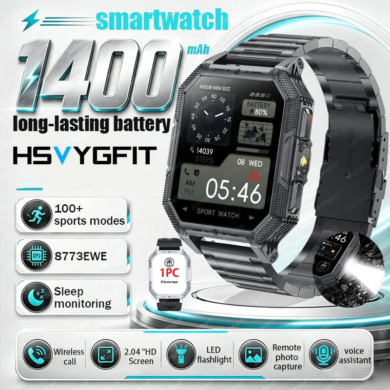 RUGGED COMMANDER X Smartwatch — 1400mAh Military Outdoor Fitness Watch with LED Flashlight & Bluetooth Calling