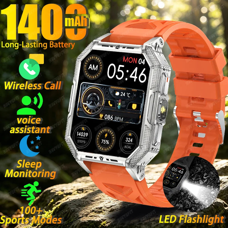 RUGGED COMMANDER X Smartwatch — 1400mAh Military Outdoor Fitness Watch with LED Flashlight & Bluetooth Calling