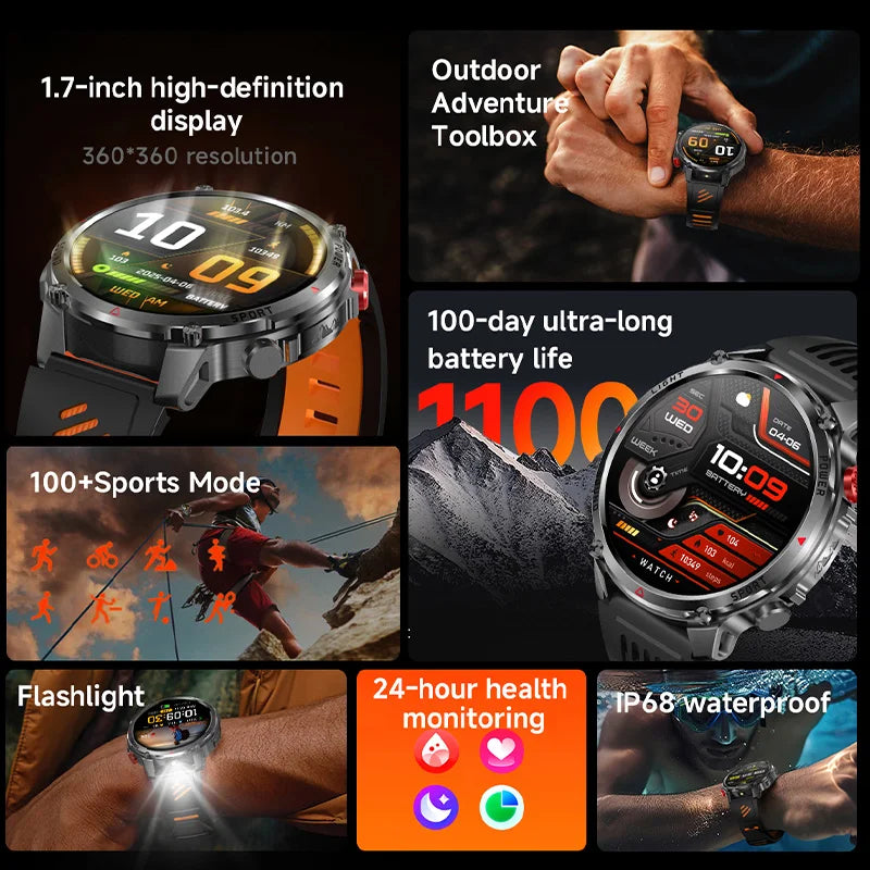 RUGGED HT45 Smartwatch — Waterproof Bluetooth Calling Fitness Watch with Health Monitoring & 100+ Sports Modes