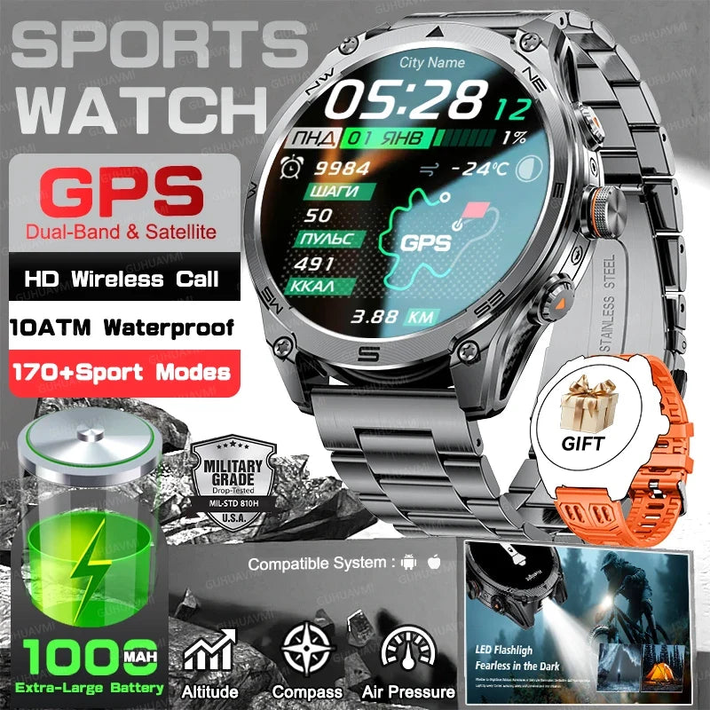RUGGED COMMANDER Outdoor GPS Smartwatch — Military Style Adventure Watch with 1000mAh Battery & 10ATM Waterproof Protection