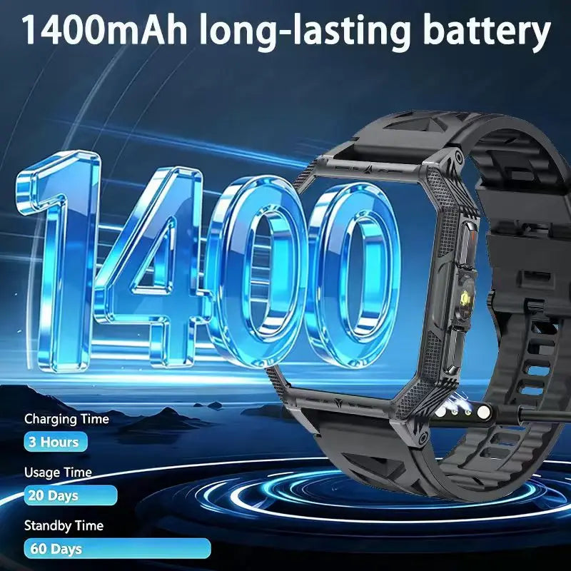 RUGGED COMMANDER X Smartwatch — 1400mAh Military Outdoor Fitness Watch with LED Flashlight & Bluetooth Calling