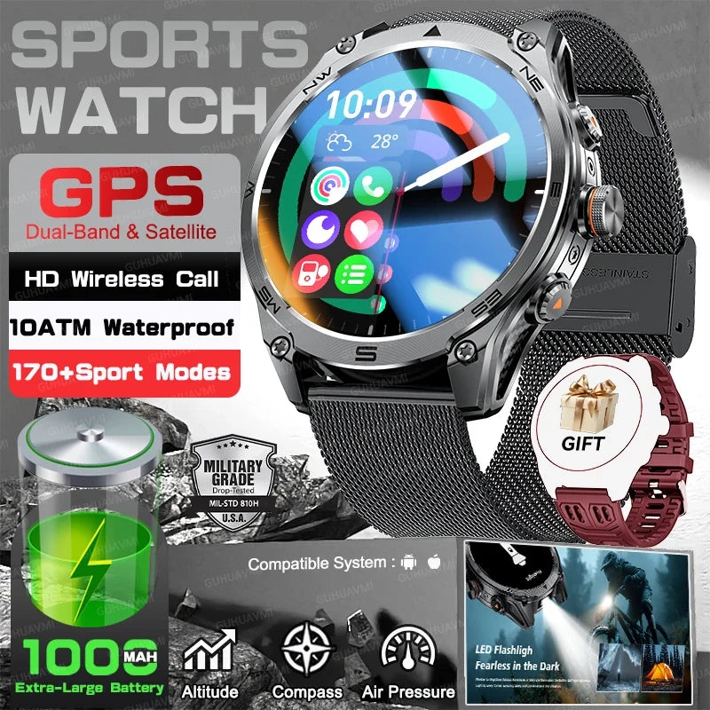 RUGGED COMMANDER Outdoor GPS Smartwatch — Military Style Adventure Watch with 1000mAh Battery & 10ATM Waterproof Protection