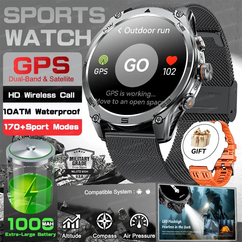 RUGGED COMMANDER Outdoor GPS Smartwatch — Military Style Adventure Watch with 1000mAh Battery & 10ATM Waterproof Protection