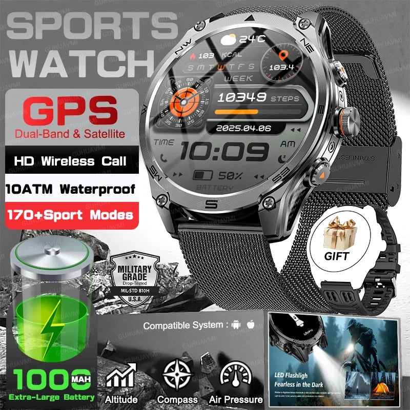 RUGGED COMMANDER Outdoor GPS Smartwatch — Military Style Adventure Watch with 1000mAh Battery & 10ATM Waterproof Protection