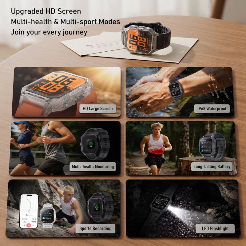 RUGGED COMMANDER X Smartwatch — 1400mAh Military Outdoor Fitness Watch with LED Flashlight & Bluetooth Calling