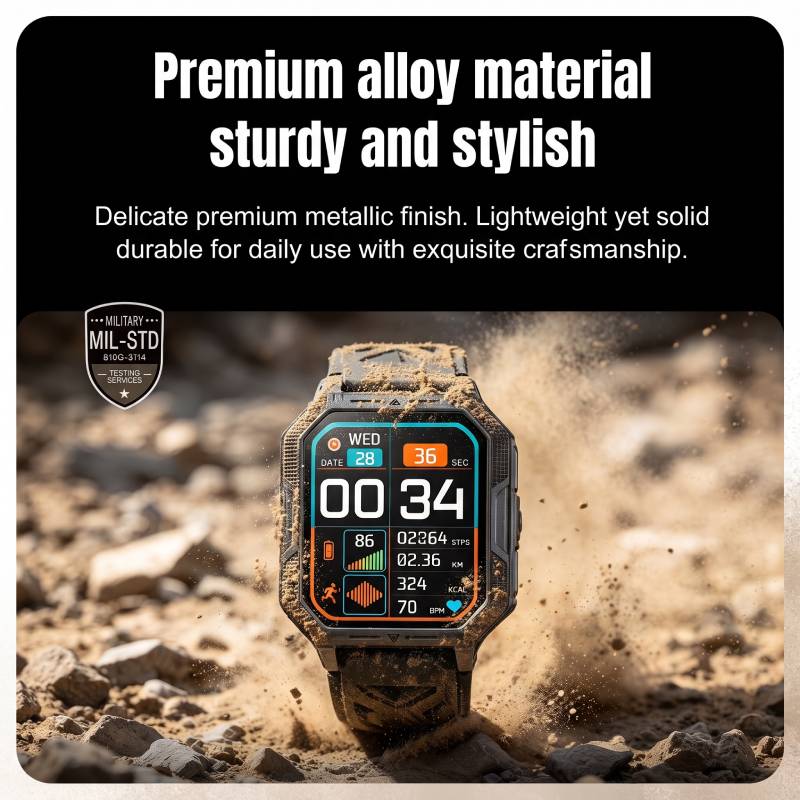 RUGGED COMMANDER X Smartwatch — 1400mAh Military Outdoor Fitness Watch with LED Flashlight & Bluetooth Calling